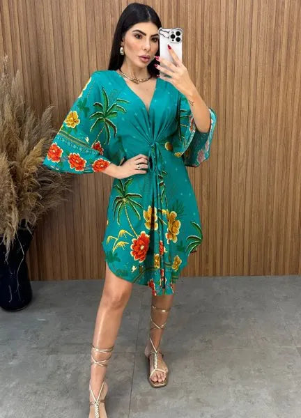 Vestido Bata Floral - Verde Água