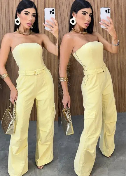 Macacão Jeans Alcance - Amarelo