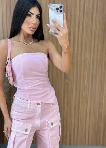 Cropped Jeans Assimétrico Alcance - Rosa