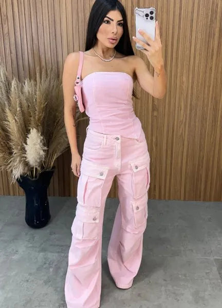 Cropped Jeans Assimétrico Alcance - Rosa