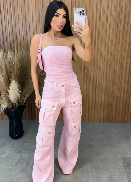 Cropped Jeans Assimétrico Alcance - Rosa