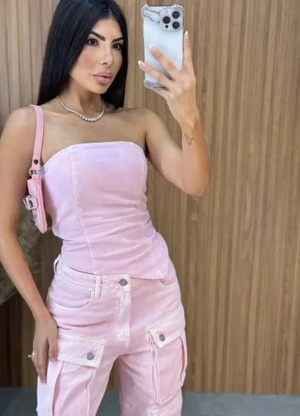 Cropped Jeans Assimétrico Alcance - Rosa