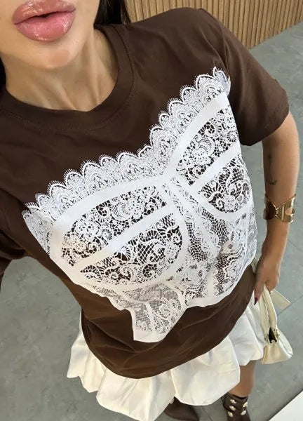 T-Shirt Sobreposição Corselet - Marrom