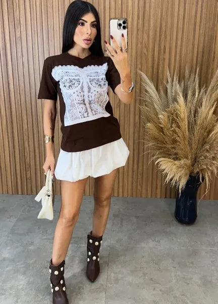 T-Shirt Sobreposição Corselet - Marrom