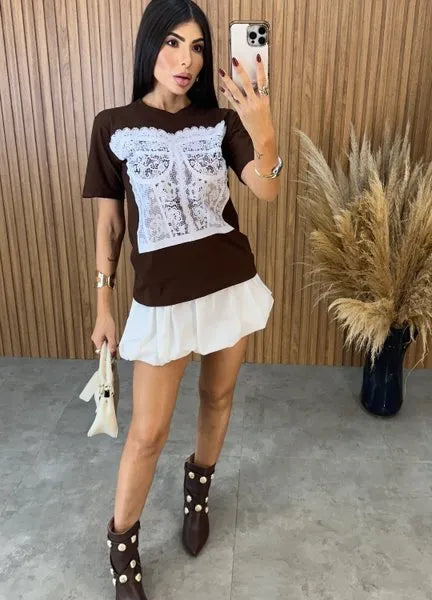 T-Shirt Sobreposição Corselet - Marrom