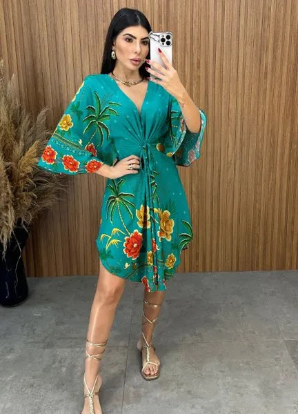 Vestido Bata Floral - Verde Água