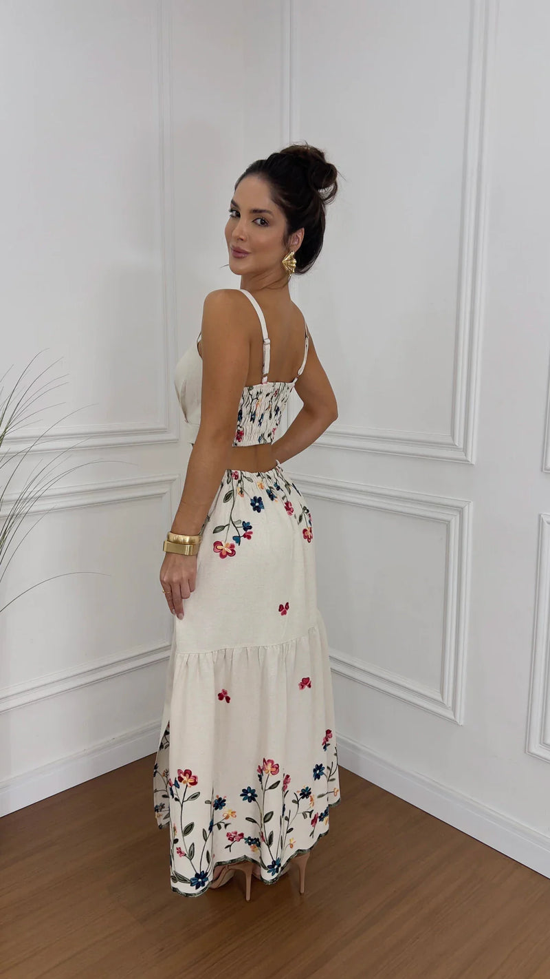 Vestido Linho Alça Bordado Roberta